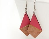 Geometric triangle wooden earrings - salmon rose, natural wood and gold - minimalist, modern jewelry