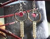 Pink Tourmaline, Sterling Silver Hoops & Chain Earrings