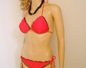 LACE Trim BIKINI, Cherry RED Bikini with Black Lace Trim
