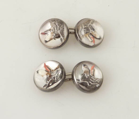 Antique Essex Crystal German Shepherd Sterling Cuff Links
