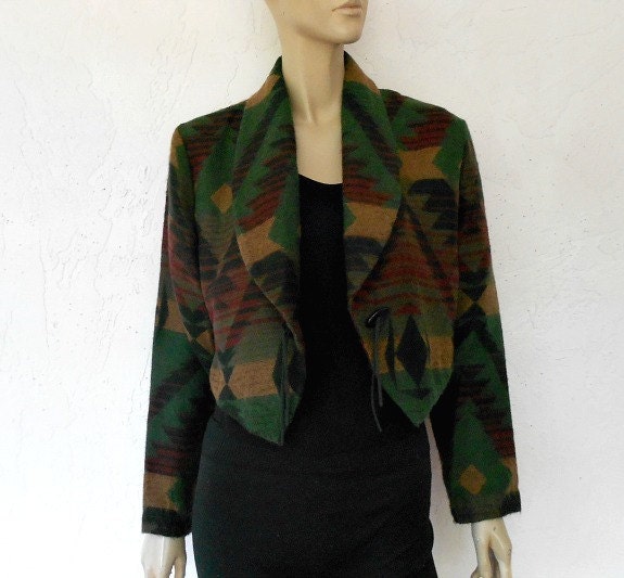 80's Cropped Jacket, Southwestern Novelty Print Cropped Bolero Jacket