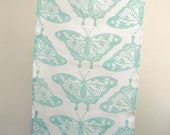 Butterfly hand printed in robins egg, celery green or sky blue on white linen tea towel 16 x 27