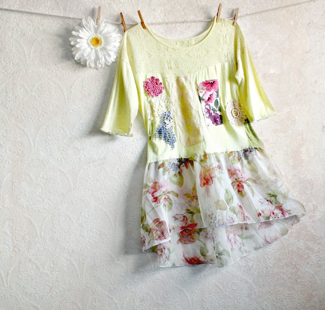 Women's Yellow Top Shabby Chic Tunic Eco Friendly Floral Lace Shirt Upcycled Clothing Romantic Top Pink Flowers Large 'ZOE'