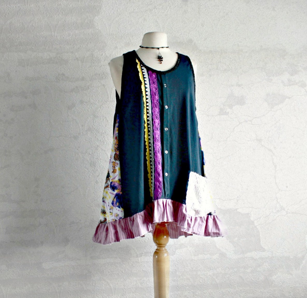Navy Blue Plus Size Top 1X 2X Bohemian Clothing Women's Tunic Purple Ruffle Shirt Upcycled Tank Top Eco Clothes 'HUTTON'
