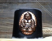 Almighty Buddha Black Leather Unisex Cuff OOAK - Handmade Leather Jewelry Tribal