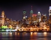 Philadelphia Skyline at Night Color or BW 12x36 Philly Panoramic Photo Poster Cityscape Standard Size