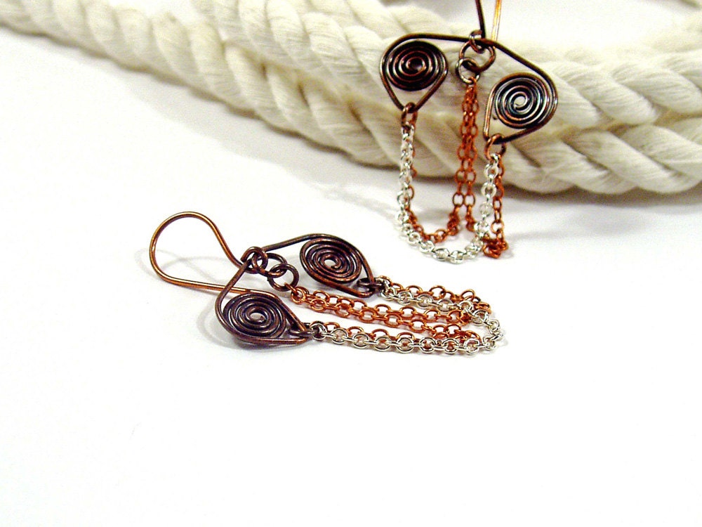 Mixed Metal Chain Dangle Earrings, Oxidized Copper and Silver Chandeliers, Spiral Jewellery