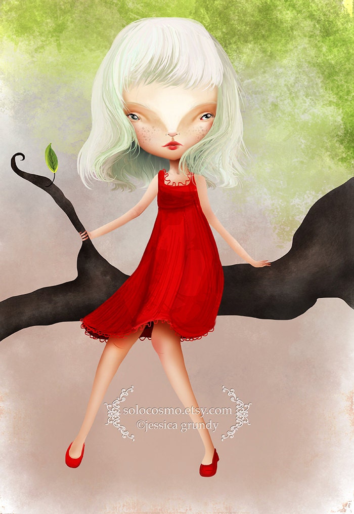 Fine Art Print - "Polly" - 8.5x11 or 8x10 A4 Premium Giclee Print of Original Artwork - Little Girl in Red Dress in a Tree