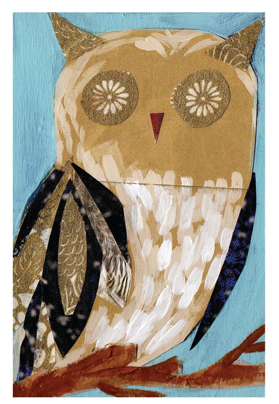 Light Blue Original Owl Painting 4x6in on Wood with Acrylic and Collage Japanese Paper