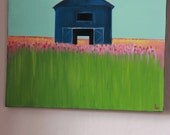 Contemporary Original  20" x 20"  Acrylic Painting Blue Barn "Fairview" NEW