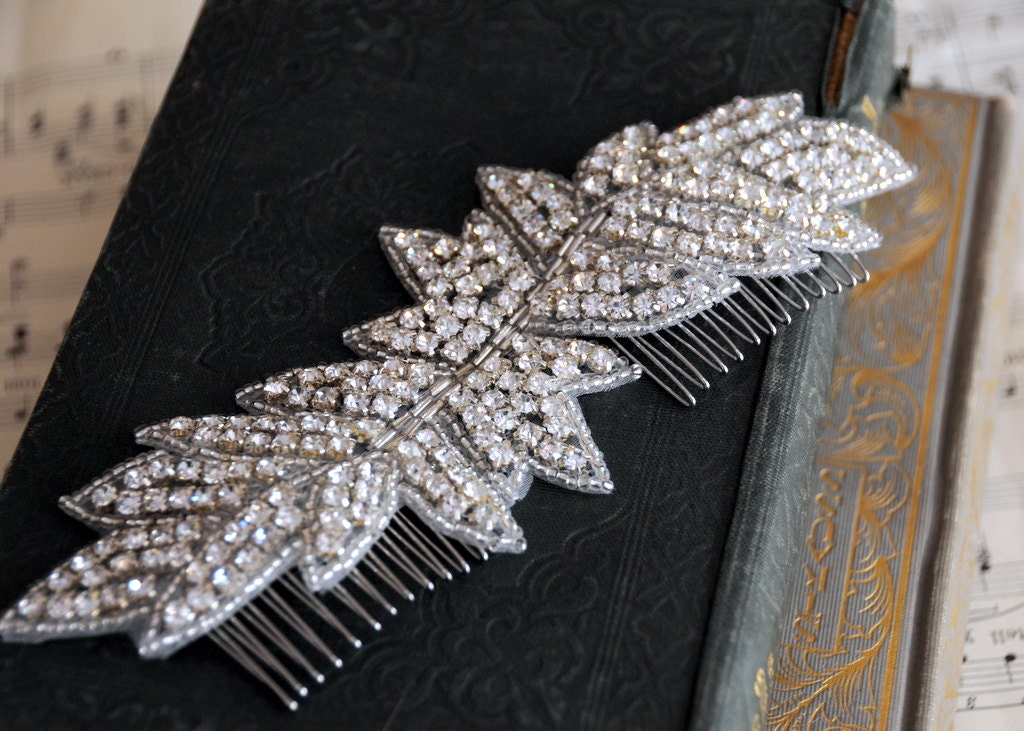 Sara - Rhinestones with Silver Beads Leaf Hair Comb