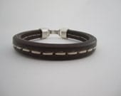Men's brown european leather bracelet Industrial modern antique silver