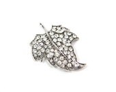 Vintage Clear Rhinestone Large Leaf Brooch