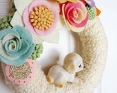 Puppy-  The Original Felt and Yarn Wreath -  Retro Door Decoration in Cream and Pastel- Home Decor Art Textile