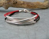 Silver Curve Tube Bracelet, Red and Black Bracelet, Multi Strand Bracelet, Women's Bracelet, Fashion Jewelry, Handmade Jewelry