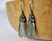 Labradorite Drop Earrings, Wire Wrapped Gemstone, Oxidized Silver, Kande Kristina Henning - Peyton