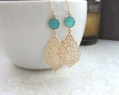A Paisley Filigree Chandelier Mint Glass Opal Gold Drop Dangle Earrings, Bridesmaid Earrings, Bridesmaid Gift, Wedding Bridal Jewelry