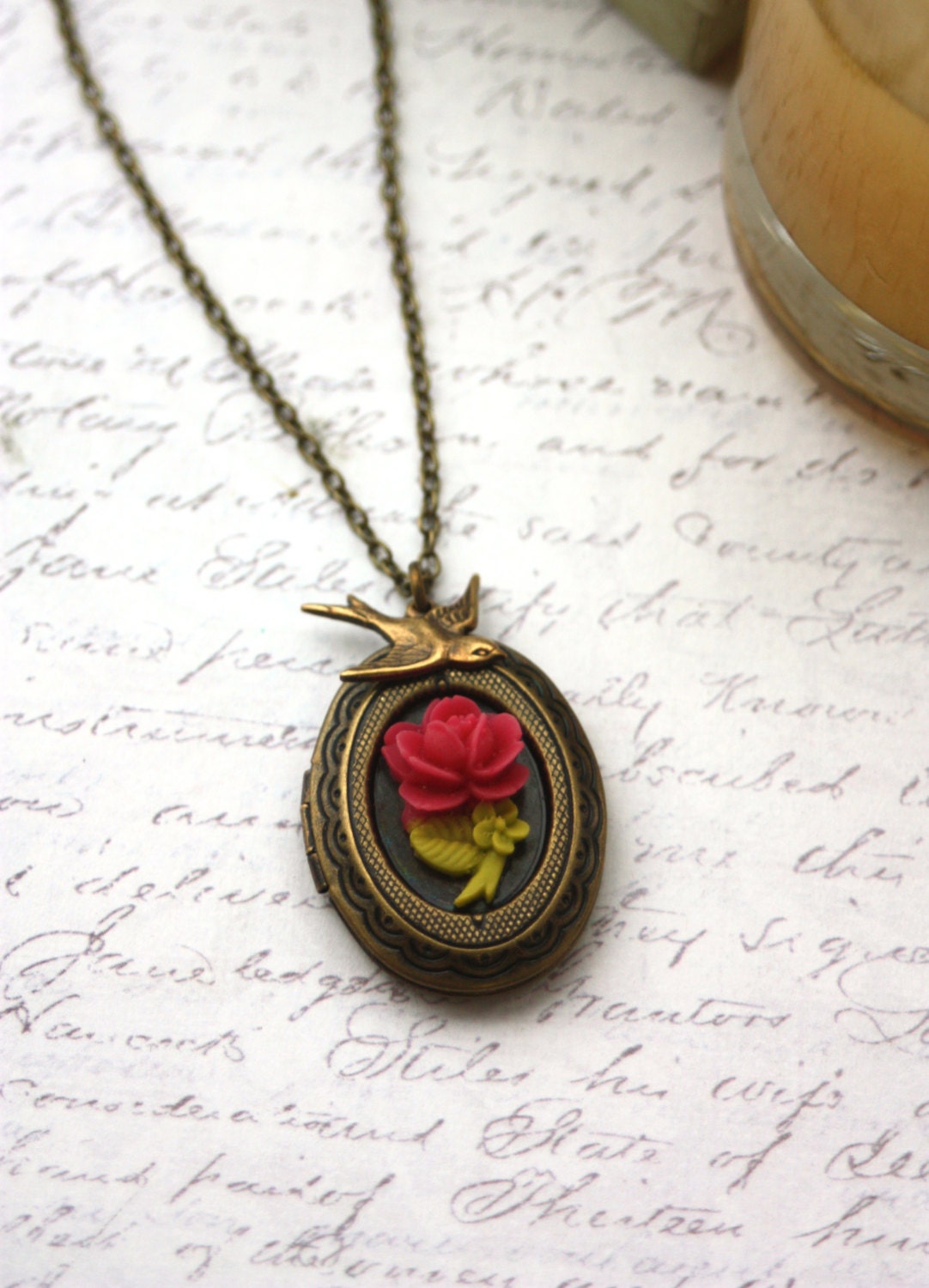 A Tiny Red Rose Flower, Flying Bird Swallow, Oval Locket Necklace. Daughter & Mom. Vintage Style. Nature Inspired. For Wife. New Baby