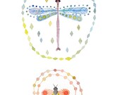 WhimsicaI Insects Pastel Watercolor Art Print/Dragonfly and Bee Illustration Home Decor/Mini Poster Kids Wall Art