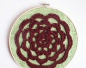 Oxblood and Mint Free Form Crochet Hoop Art with lacey rose design, ready to ship.