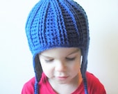 Royal Blue Crochet Earflap Beanie Hat with fleece lining, toddlers 12-24 months, ready to ship.