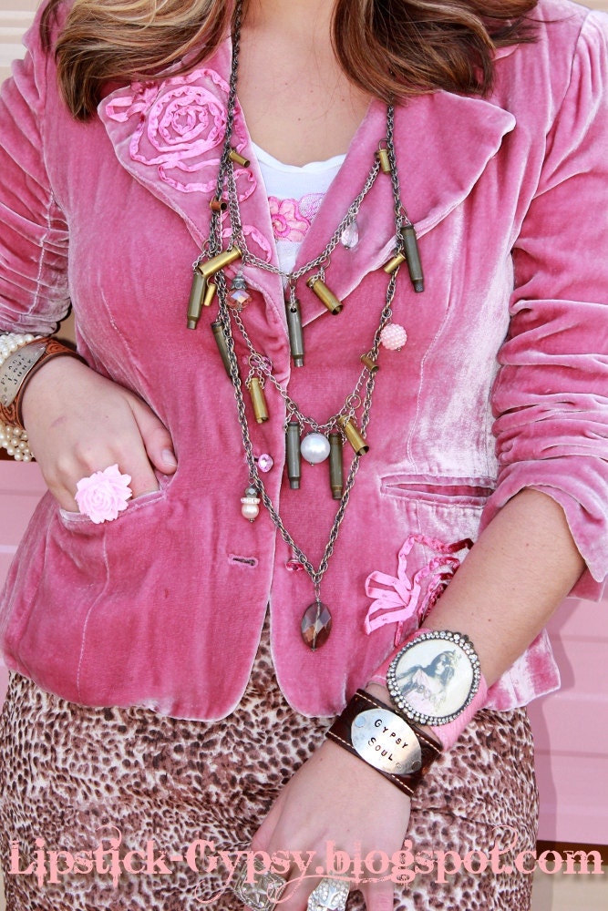 Gun Powder N' Pearls- Spent Shell Casings, Bling Baubles, Multi-Tiered Brass Pewter Silvertone Chain, Super GLAM Necklace Original LG Design
