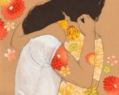Peach Hug - 8x10 archival fine art print - charcoal ink acrylic and fabric collage