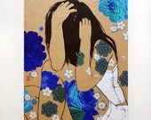 Indigo - Original Collage - 12 x 16in charcoal ink acrylic and fabric one of a kind art