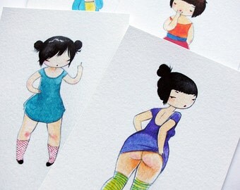 Rude Girls Collection - Set of Four 5x7 pencil drawing watercolor paintings - cute obscenities