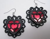Victorian Style Heart Earrings-3D Printed in black w/ Ruby Mirror center (converts to all black) Ready To Ship