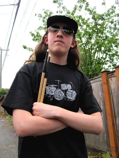 Unisex Screen Print Drum Shirt, Black or White Custom Drum Set Typography Calligram Men's T Shirt, Drummer's T Shirt, XS, S, M, L, XL