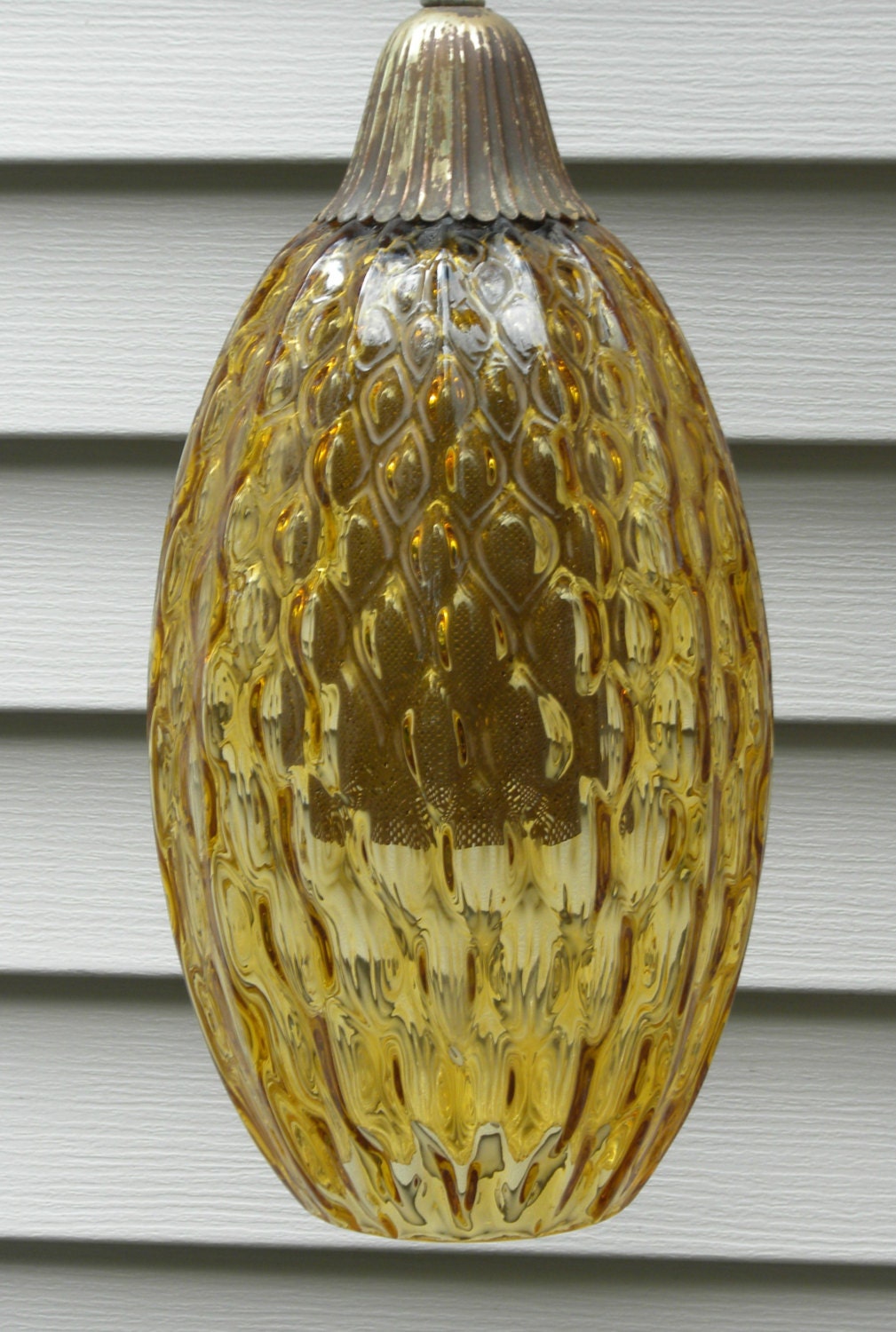 mid-century hanging lamp, amber glass, brass, 15 inches long, Fifties home decor