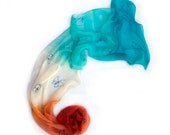 Summer silk chiffon scarf on aqua and coral. Ombre silk scarf with butterfly. Woman fashion scarf paint by hand