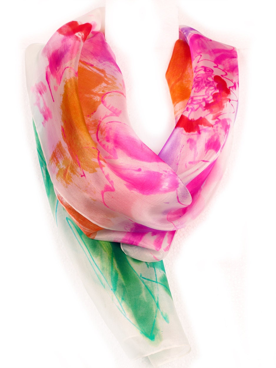 Hand painted silk scarf. Spring flowers in pink, orange and yellow. Abstract scarf in bright colors. Neon scarf.Painting on silk by Dimo