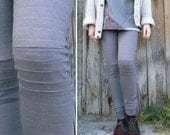 Gray striped cotton  fleece Leggings, knee pleated, biker style leggings