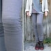 Gray striped cotton  fleece Leggings, knee pleated, biker style leggings
