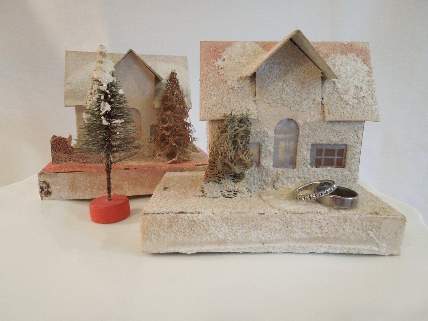 Vintage Putz Christmas Glitter Houses with Bottle Brush Tree-Wedding Prop