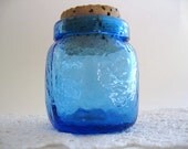 Vintage Pilgrim Hand Blown Blue Glass Jar with cork lid  ( Made in Portugal )