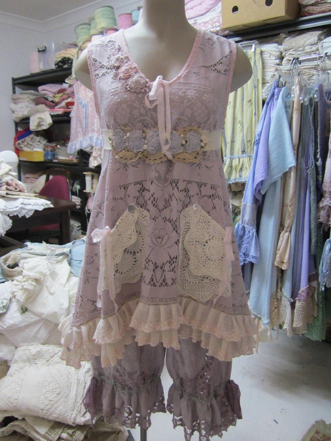 Vintage Kitty.. dusky mauve hand dyed tunic. doilies, lace, roses.. MOTHER of PEARL buttons.shabby chic..crochet..Med/XL