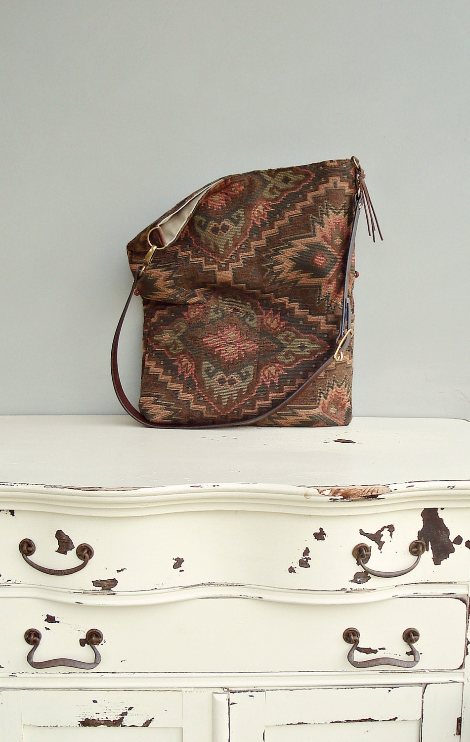 Aztec Tote Bag - Southwest Cross Body Purse - Rustic Cabin Messenger Bag - Custom Length Leather Strap - Brown Foldover Bag (no8)