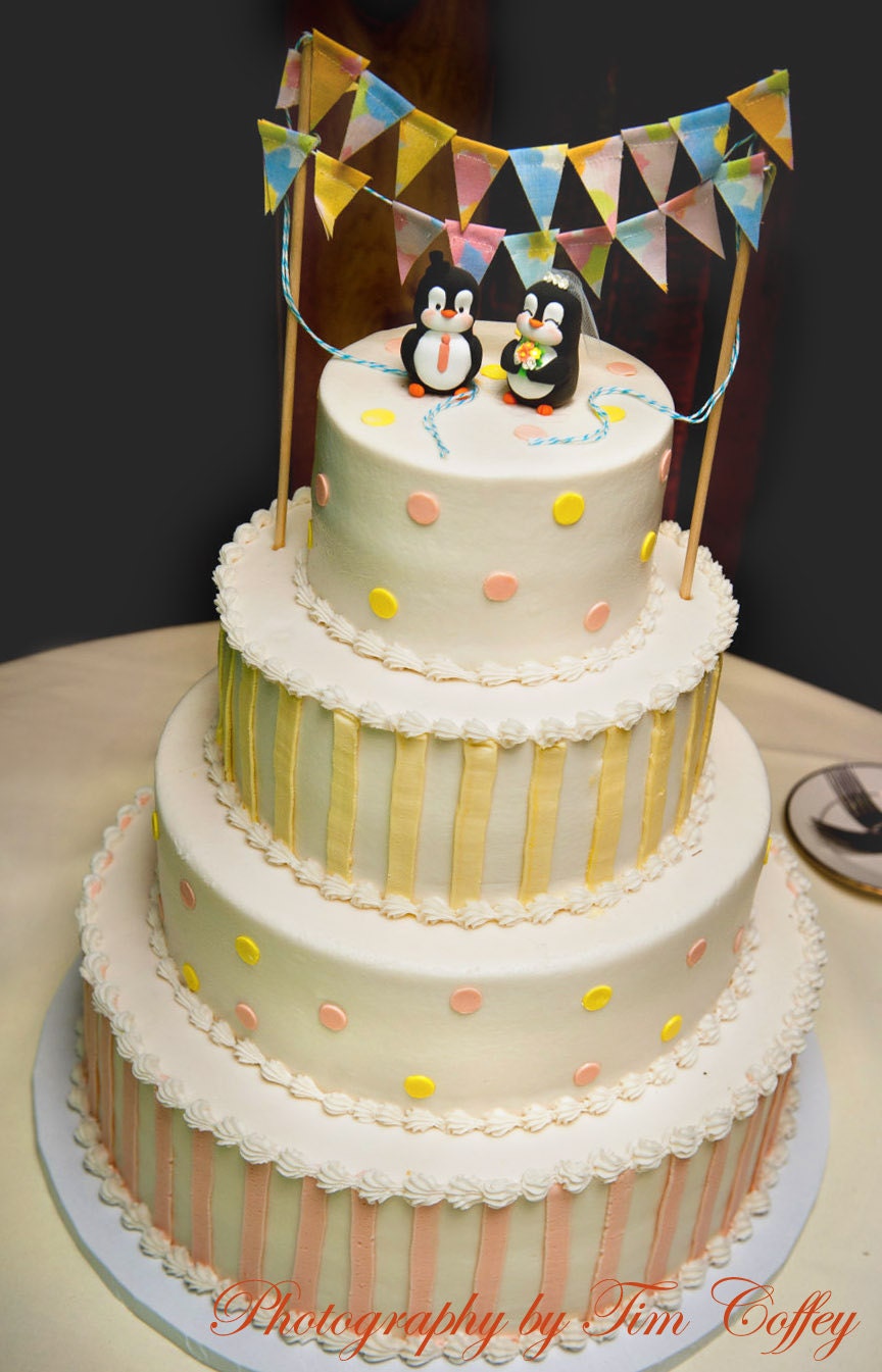 Custom Penguin wedding cake toppers - bride and groom personalized elegant love bird