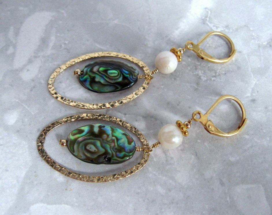 Pearl Abalone Earrings- Gold Filled, Textured Metal