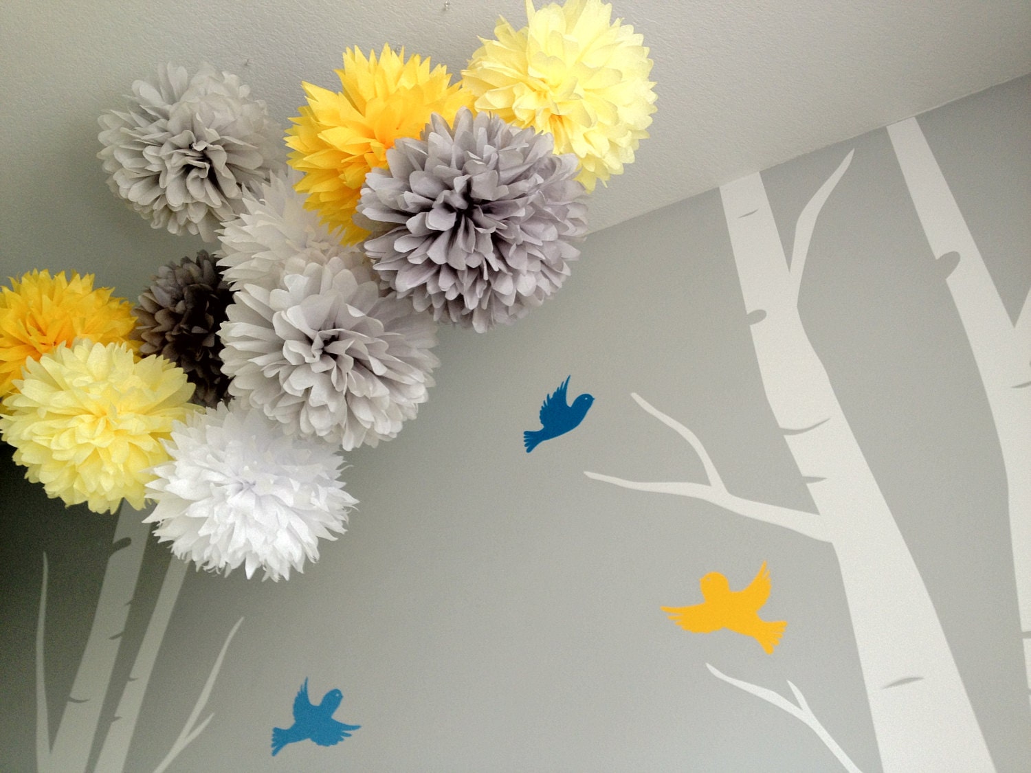 Upgraded Mod - 10 Tissue Paper Pom Poms First Birthday Decoration Party - Candy Bar Backdrop - Newborn Photography - Bee Sweet - Yellow Gray Il_570xn