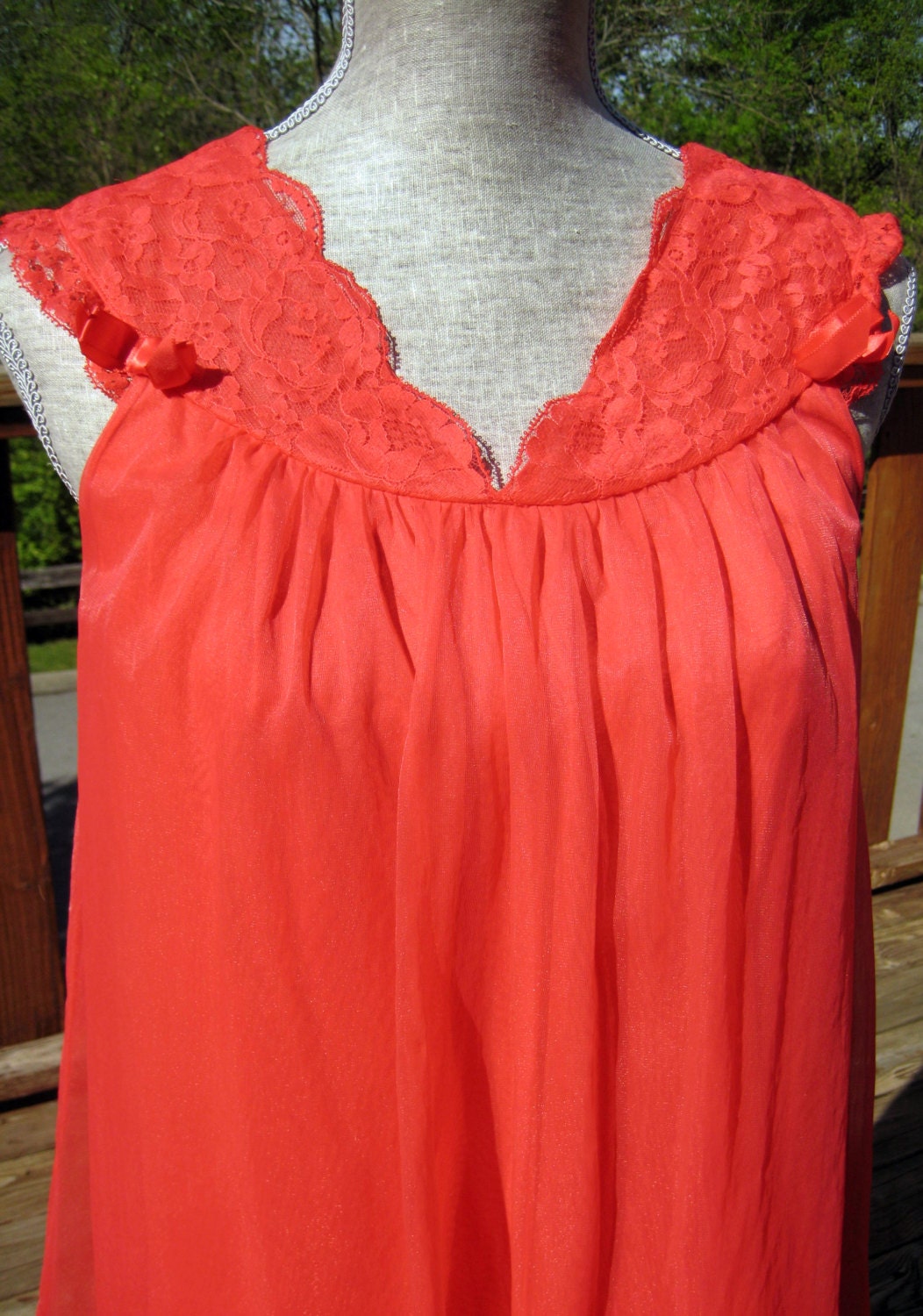 Cherry Red chiffon vintage babydoll nightgown from the 60s size 36