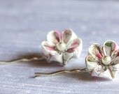 Flower bobby pins, pink and white, hair pins, kawaii, tsumami kanzashi - "Sakura Park"