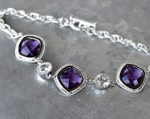 Faceted Amethyst Crystal and Cubic Zirconia Set in Silver on a Silver Link Bracelet