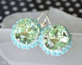 Luminous, Light Green Swarovski Crystal Framed with Light Blue Rhinestones on Silver Leverback Earrings