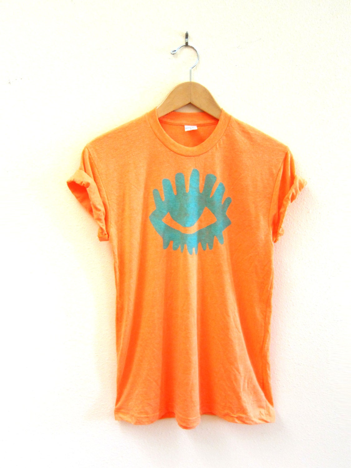 Observing Eye Crew Neck Hand Stenciled Slouchy Rolled Cuffs Tee in Tangerine - S M L XL 2XL 3XL