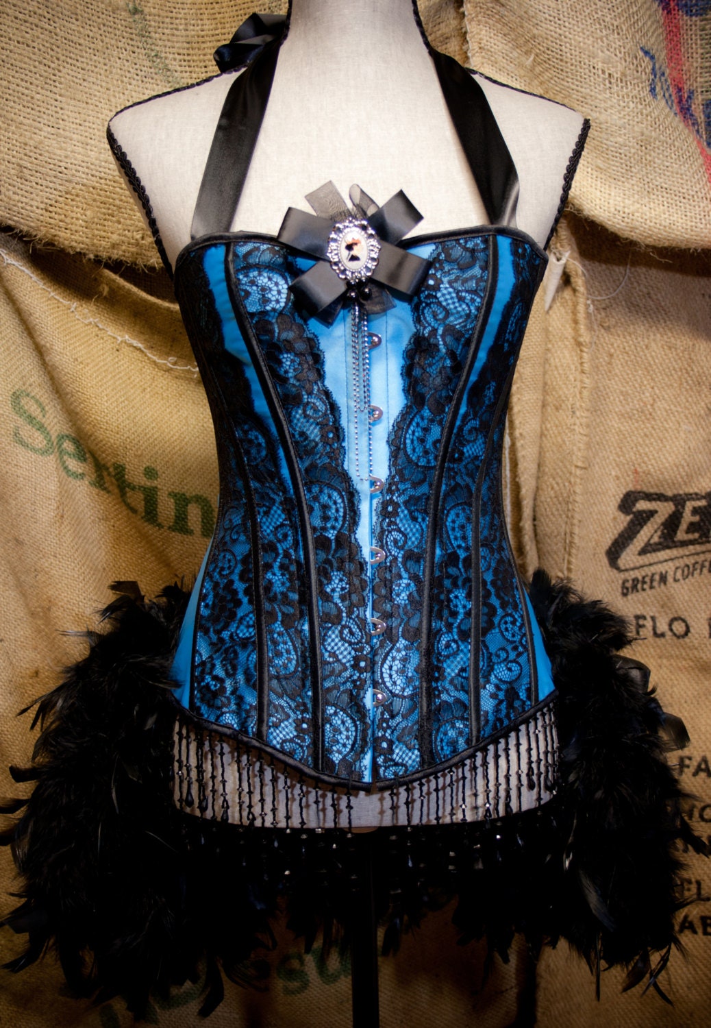 MARIE ANTOINETTE- Gothic Prom dress Burlesque Corset Costume blue & black feathers