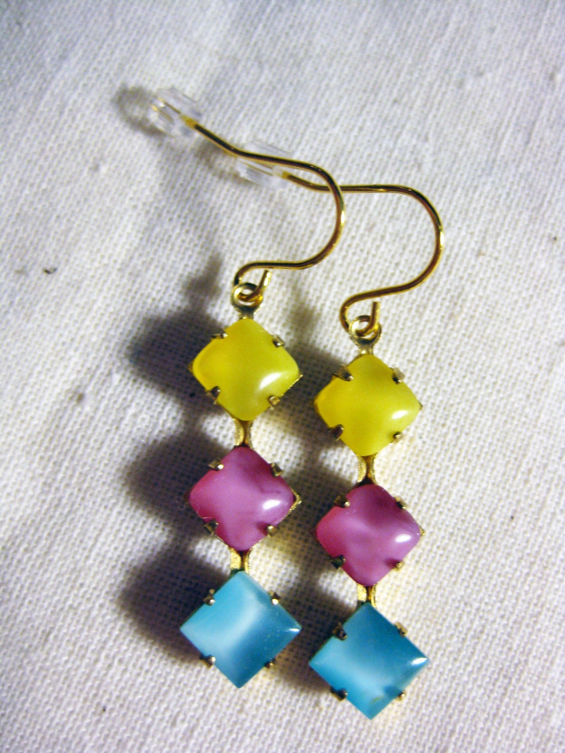 Retro Moonglow Earrings in Aqua, Pink, and Yellow, Vintage Moonglow Earrings - SoCoDivka
